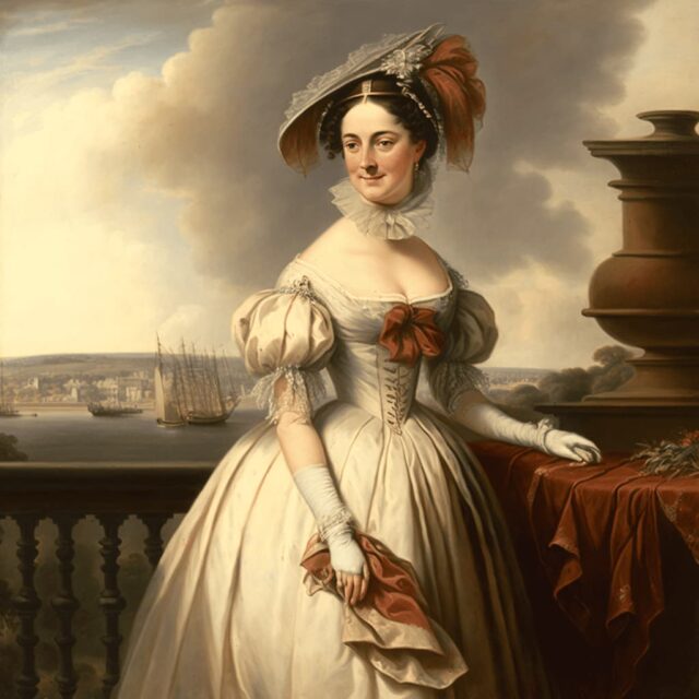 Sydney Lady Morgan, saray balkonunda deniz ve teknelerle poz veriyor.