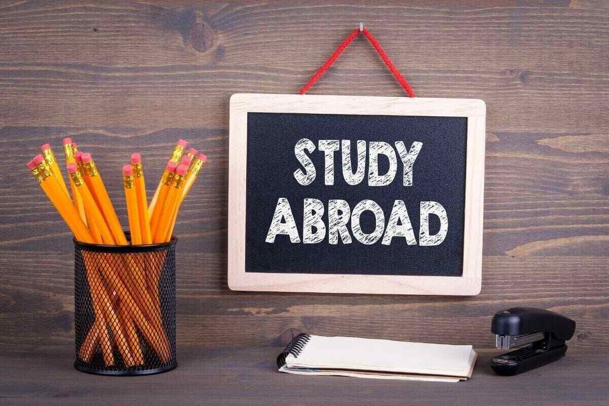 Study Abroad' yazılı bir tahta ve kalemlikte duran kalemler.