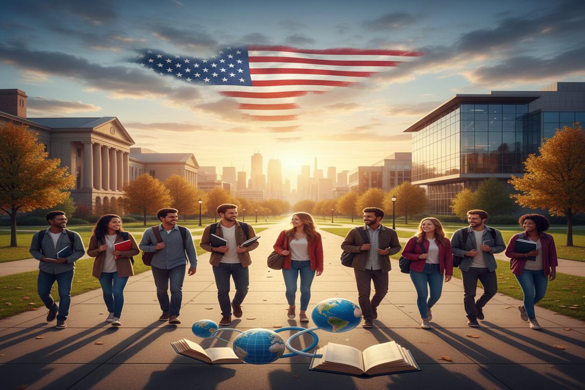ABD bayrağı önünde öğrenci topluluğu