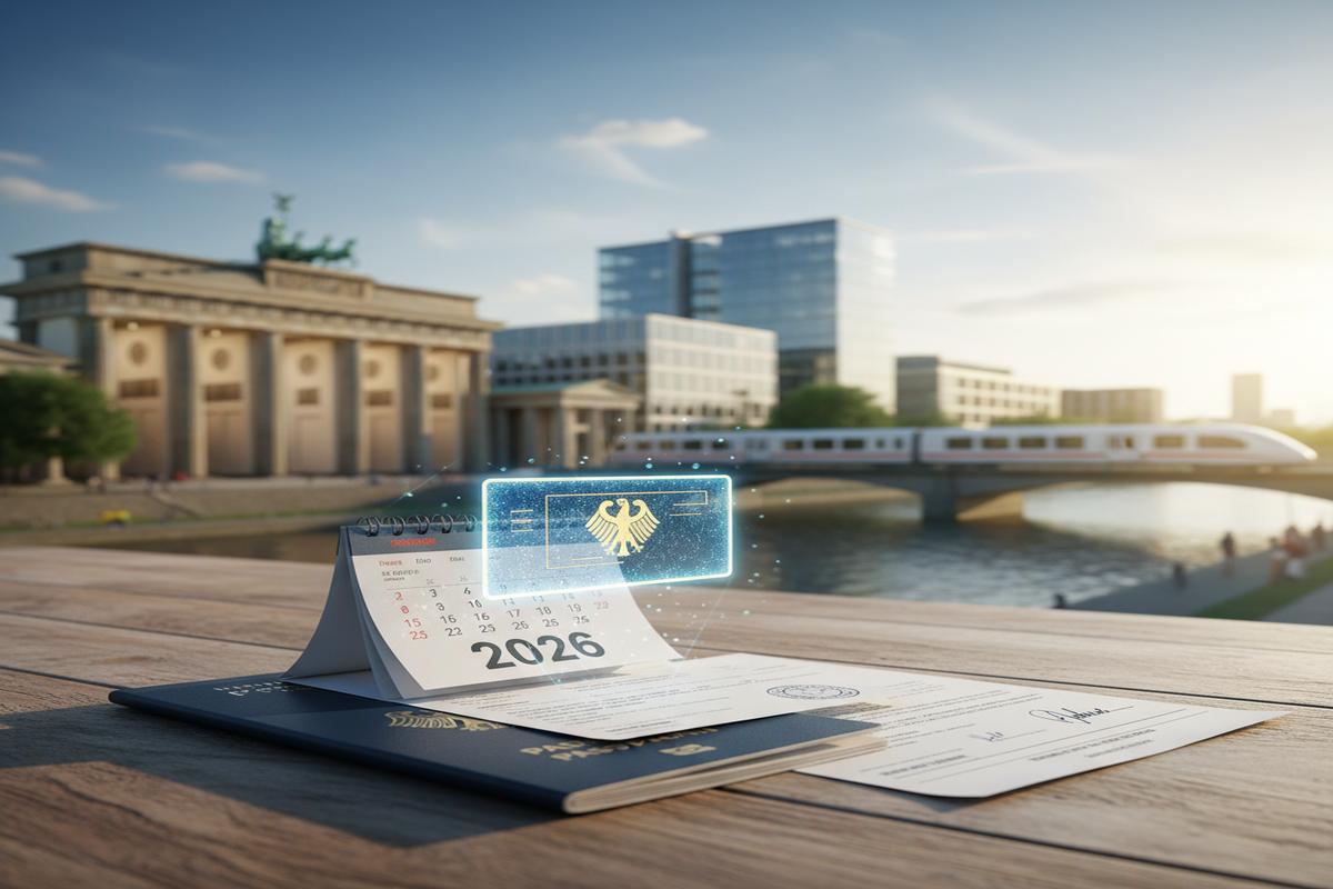 Almanya'da 2026 yılı için çalışma izni başvurusunu açıklayan bir rehber görseli