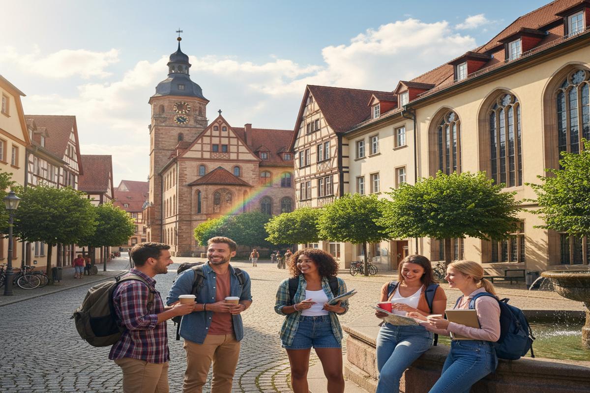 Almanya’da dil eğitimi alan öğrenciler ve Alman şehir manzarası