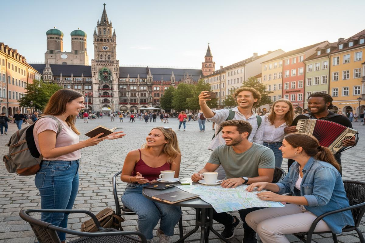 Almanya'da dil okulu öğrencileri ve şehir manzarası