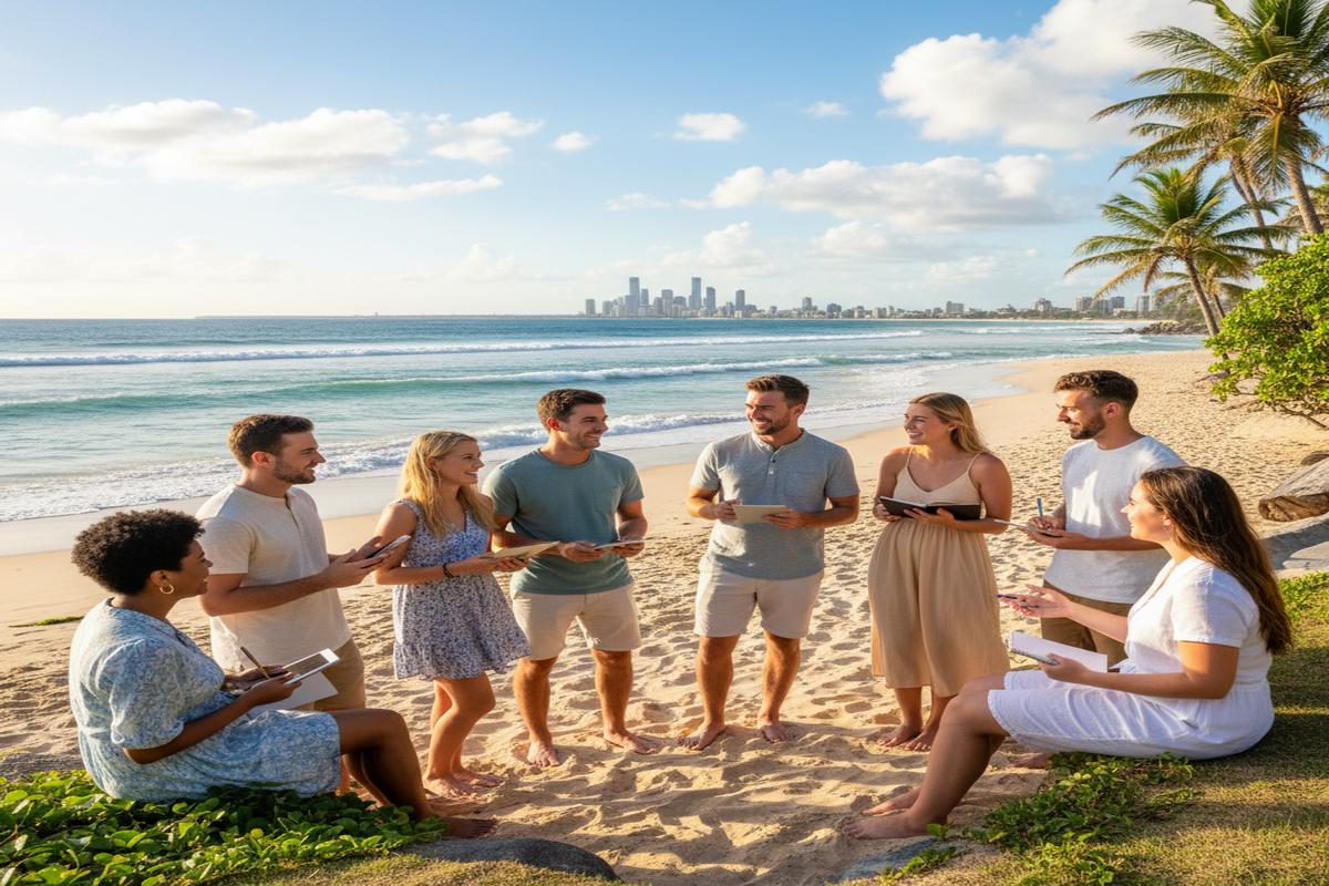 Avustralya'da dil eğitimi alan öğrenciler sahilde yürürken