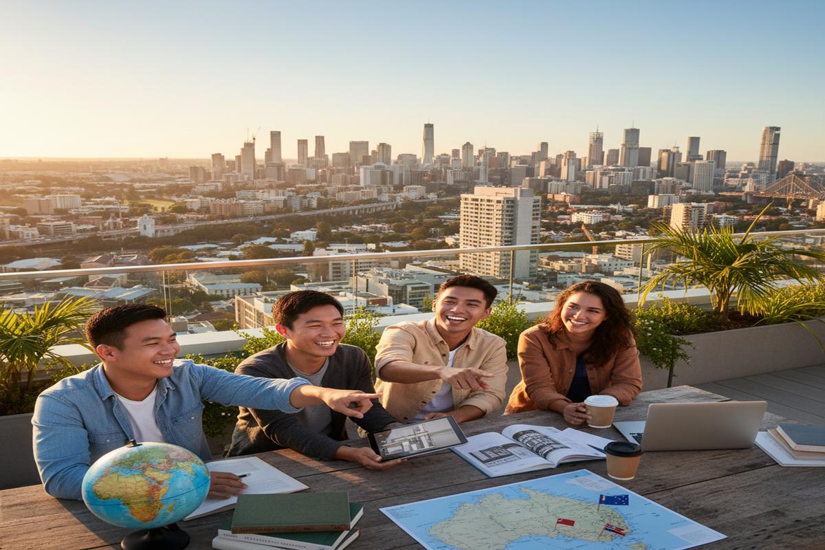 Avustralya'da eğitim fırsatlarını özetleyen öğrenciler ve şehir manzarası