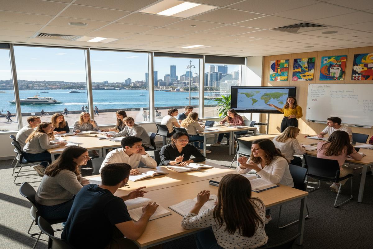 Avustralya'da uluslararası öğrenci grubunun İngilizce dersinde çalışması