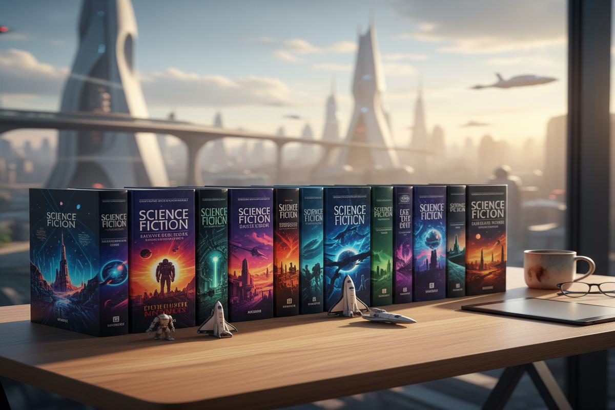 Bilim kurgu kitapları bir masa üzerinde