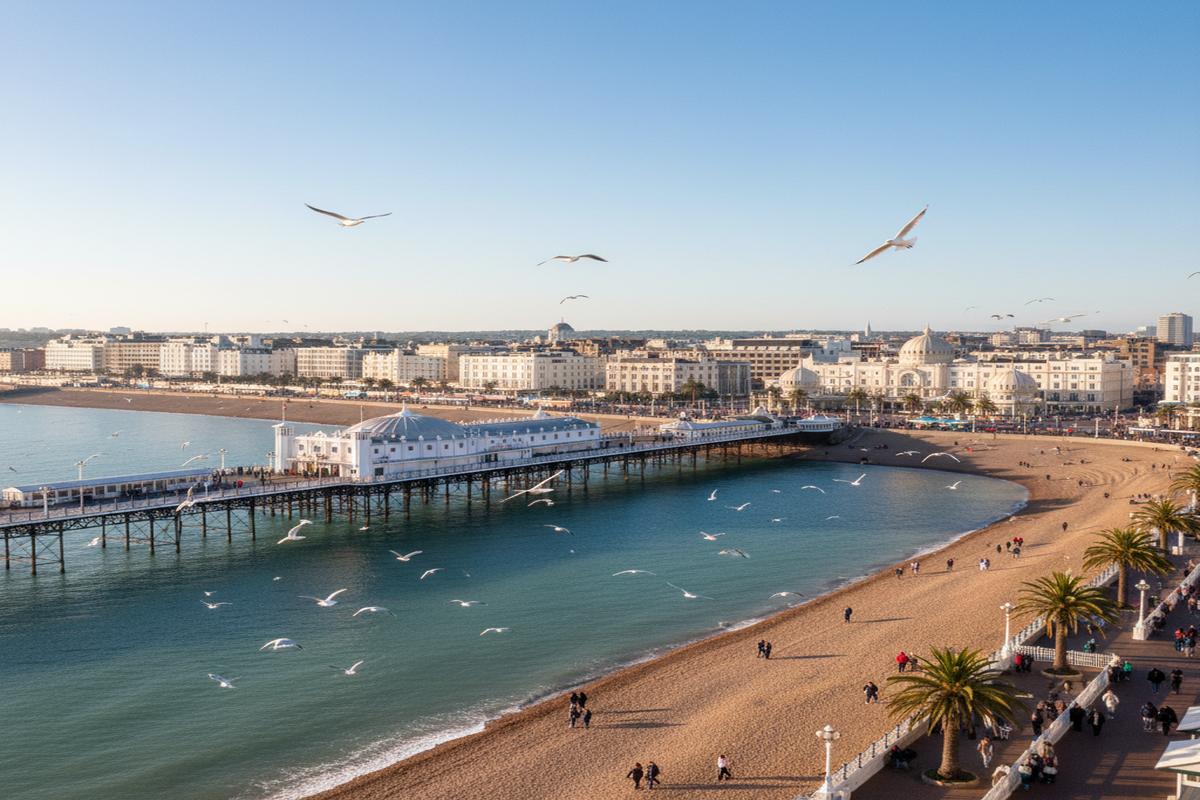 Brighton plajı ve martılarla özdeşleşen şehir manzarası