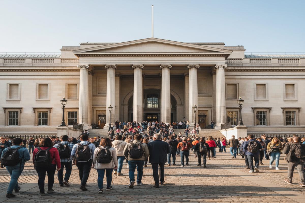 British Museum'un dış cephesi ve ziyaretçileri