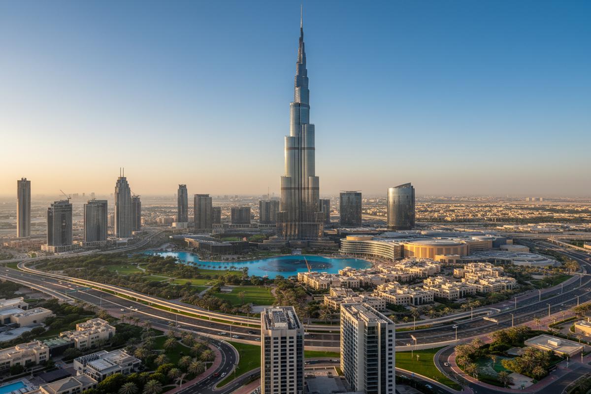 Burj Khalifa'nın Dubai üzerindeki ikonik silueti ve gökyüzüne uzanan yüksekliği