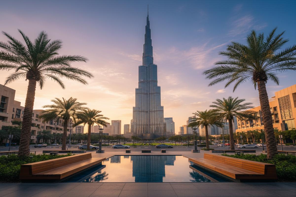 Dubai'de Burj Khalifa manzarası gün batımında