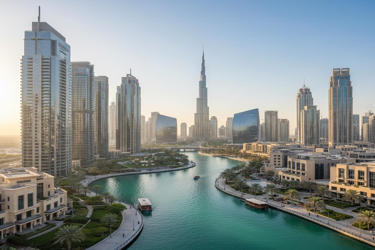 Dubai Business Bay bölgesinde gökdelenler ve şehir manzarası