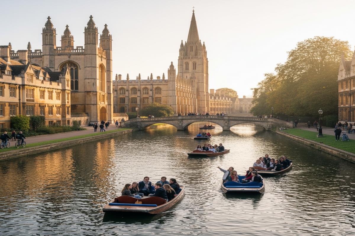 Cambridge’de nehir kenarında bot turu yapan insanlar ve tarihi üniversite binaları