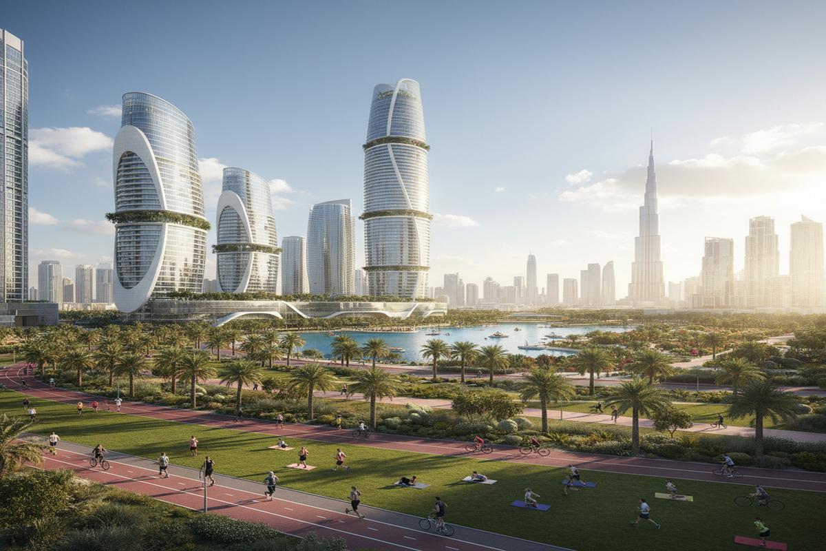 Dubai'de gün doğumunda koşu yapan insanlar ve şehir gökdelenleri