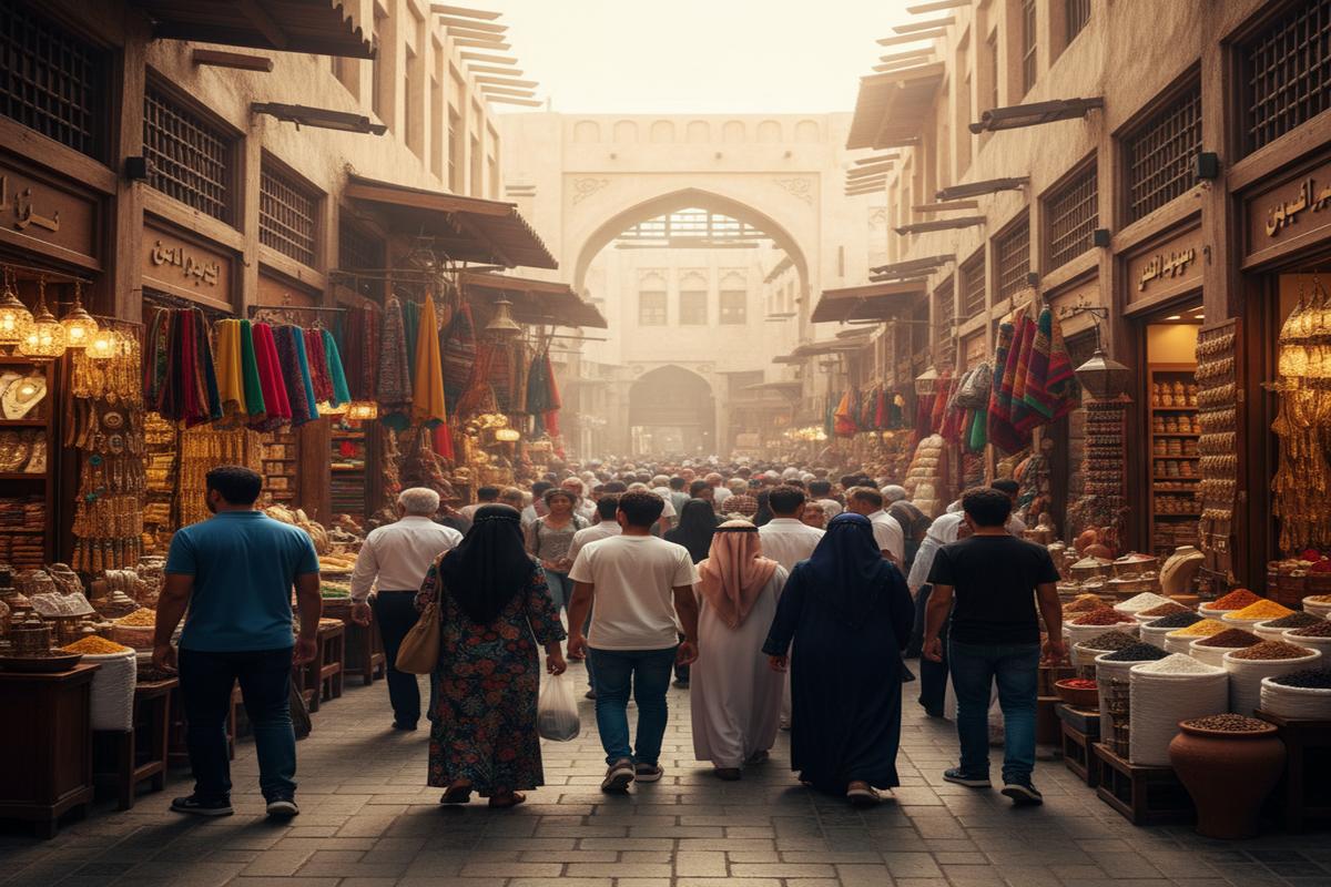 Dubai çarşılarında hediyelik eşya ve baharat alışverişi yapan insanlar