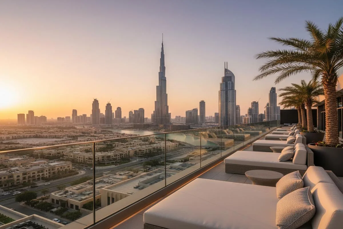Dubai'de şehir manzaralı lüks bir çatı katı terası
