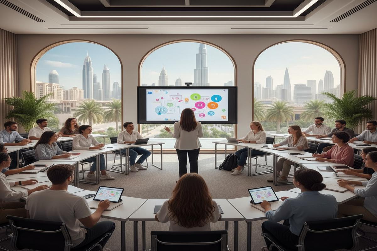 Dubai'de dil eğitimi sırasında öğrenciler ders çalışıyor