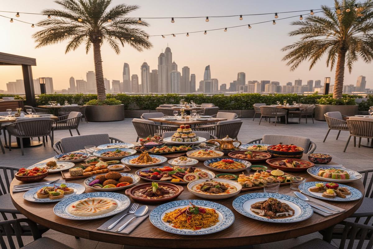 Dubai mutfağına özgü yemekler sofrada sunulmuş olarak görülüyor