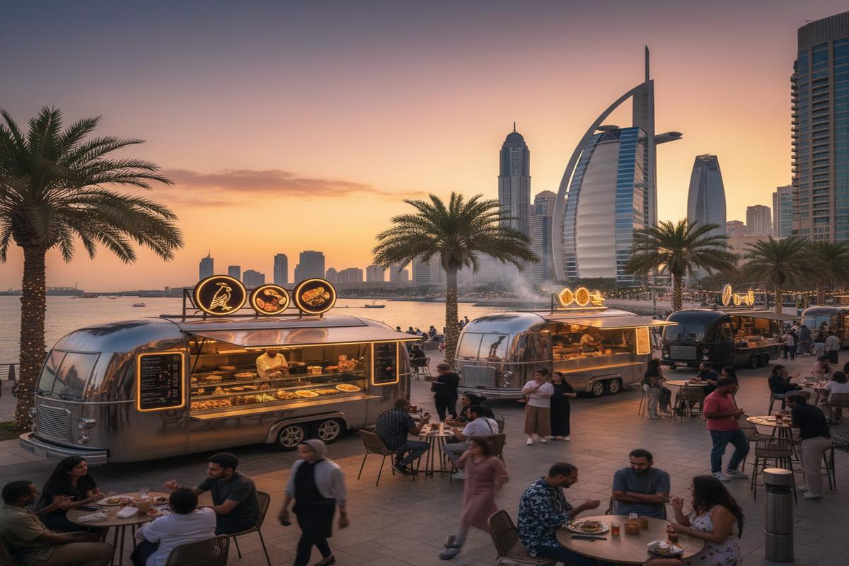Dubai Sahilinde Modern Yemek Kamyonları ve Sokakta Yemek Yiyen İnsanlar
