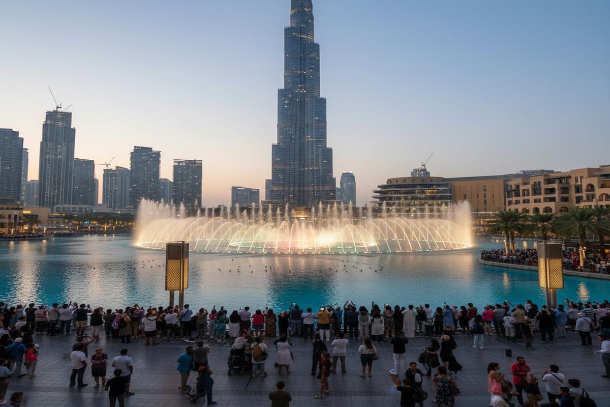 Dubai Fountain'da gerçekleşen ışıklı ve müzikli su gösterisi