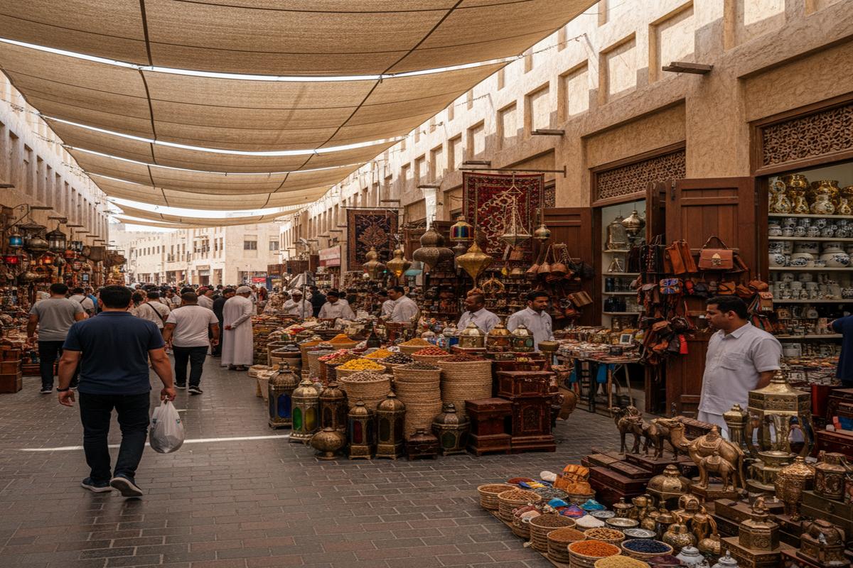 Dubai'de hediyelik eşya pazarında alışveriş yapan insanlar