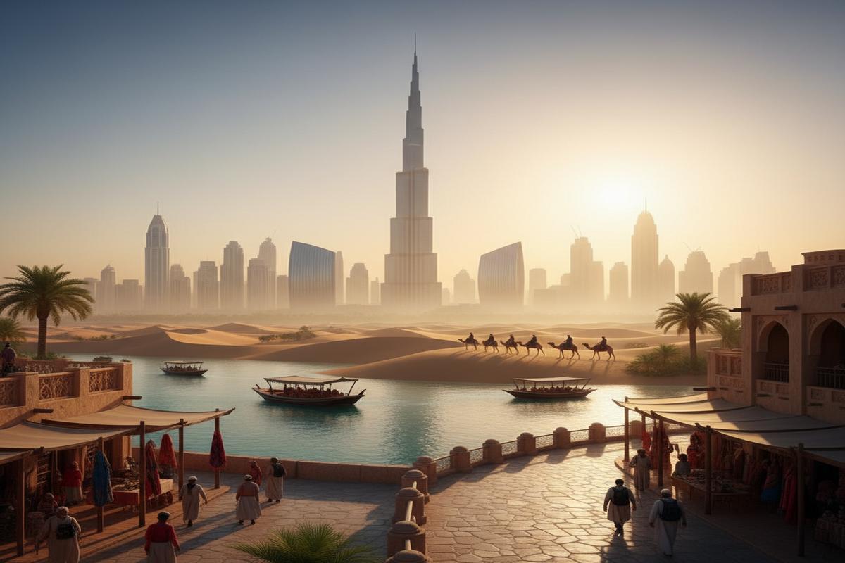 Dubai'nin popüler aktivitelerini ve gezilecek yerlerini gösteren genel görüntü