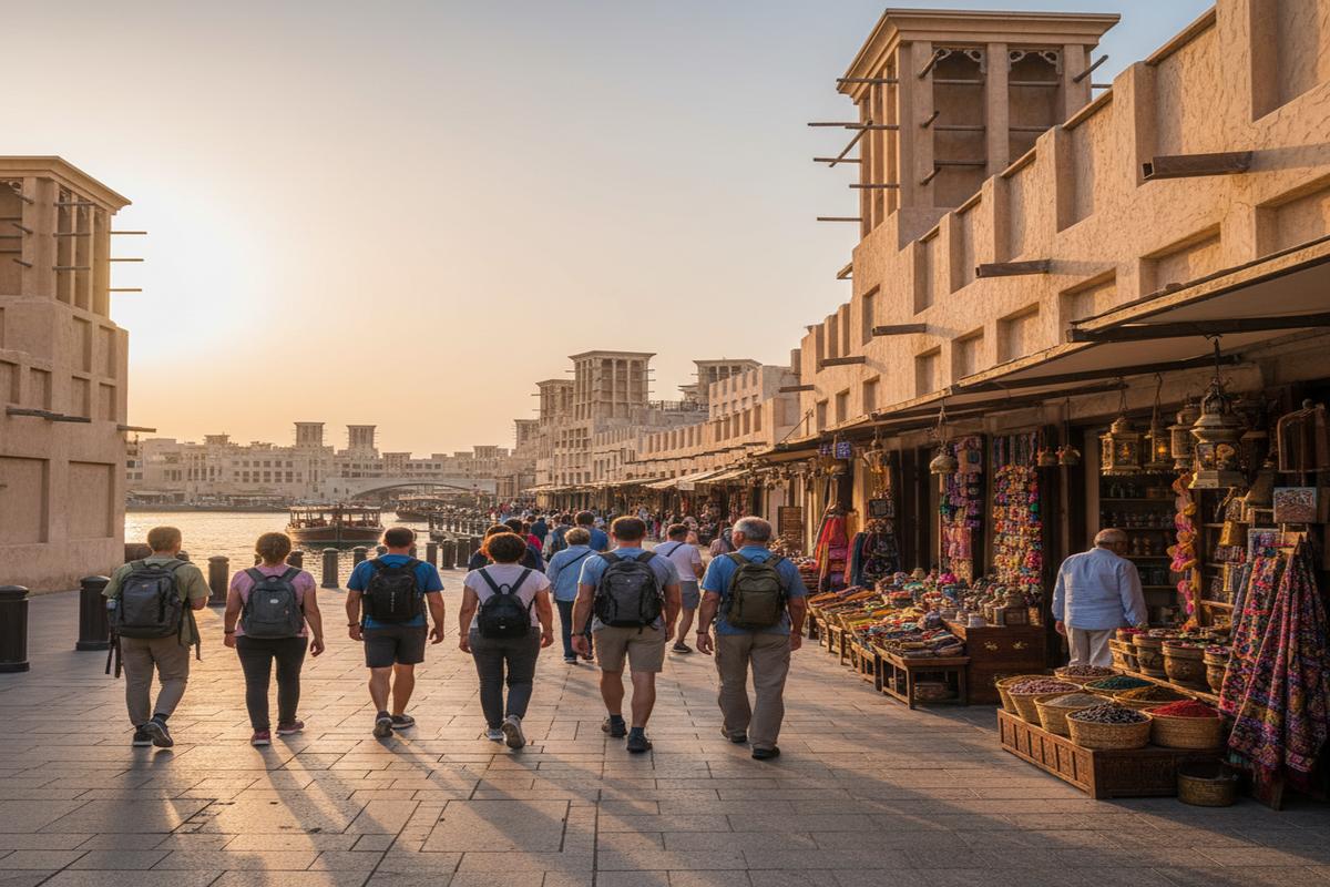 Tarihi Dubai sokaklarında yürüyen turistler