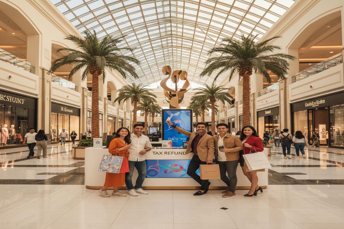 Dubai alışveriş merkezindeki alışveriş yapan turistler ve tax free işlemi
