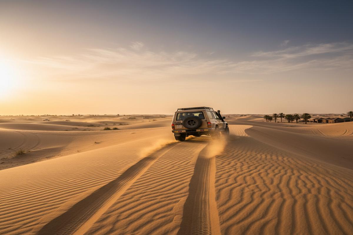 Dubai çöl safarisi sırasında 4x4 aracın kum tepelerinde ilerleyişi