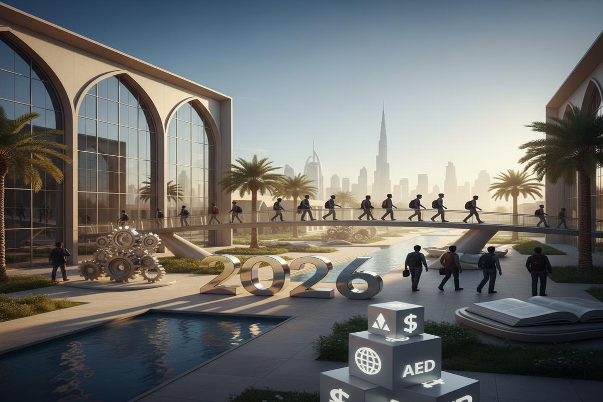 Dubai'de 2026 dil okulu öğrencileri ve şehir manzarası