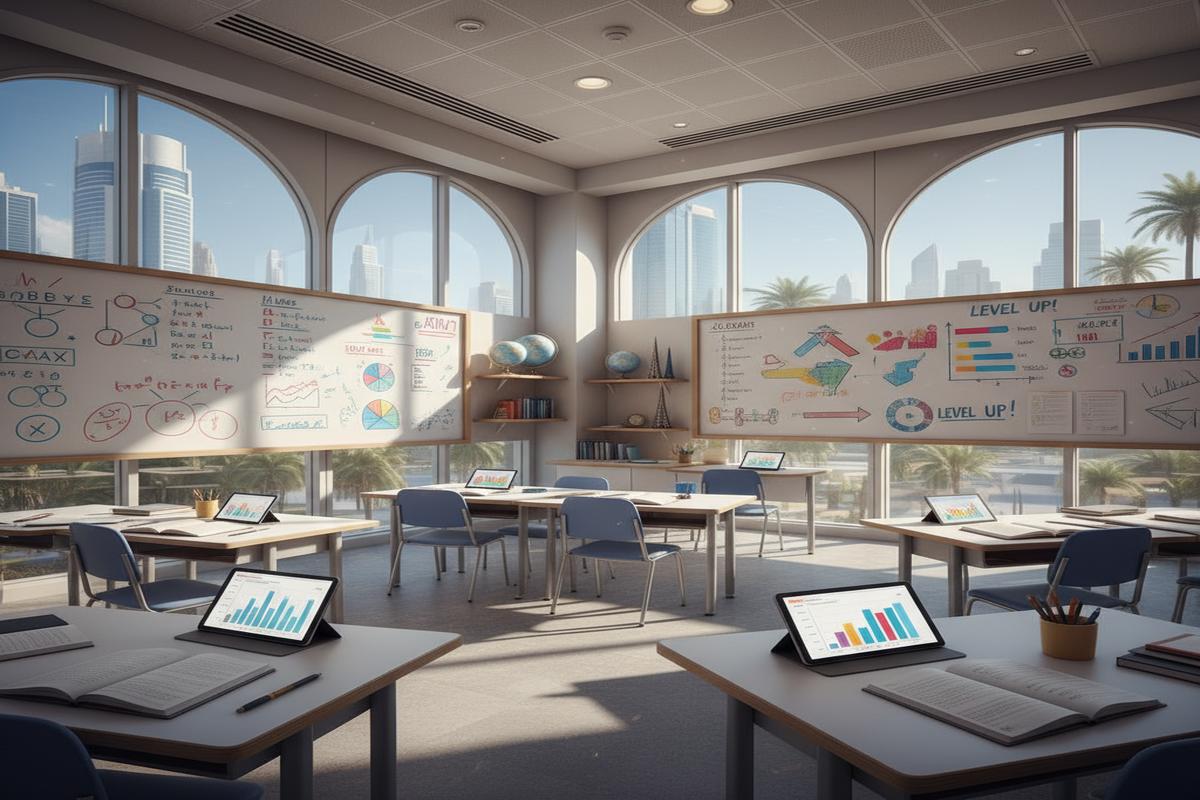 Dubai'de İngilizce dil eğitimi alan öğrenciler ders çalışırken