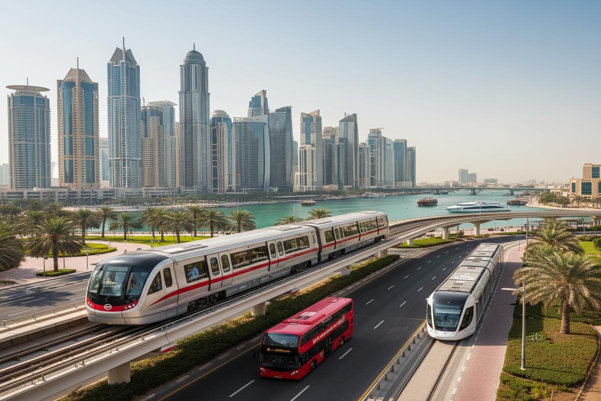 Dubai'de toplu taşıma araçları ve şehir manzarası