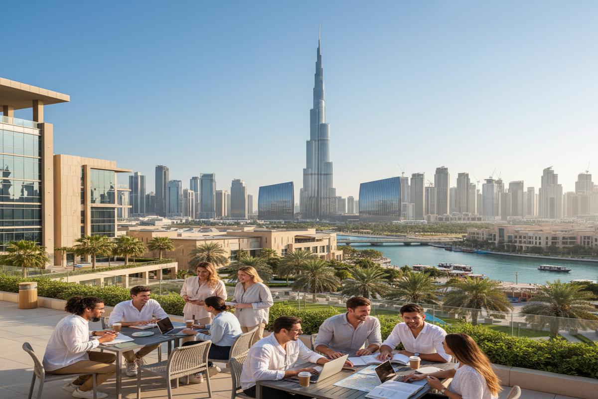 Dubai şehir manzarası ve dil eğitimi