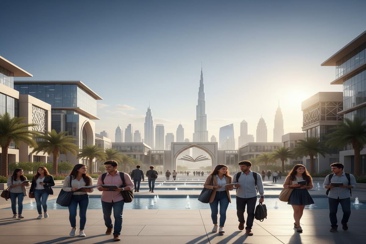 Dubai'deki modern üniversite kampüsü ve öğrenciler