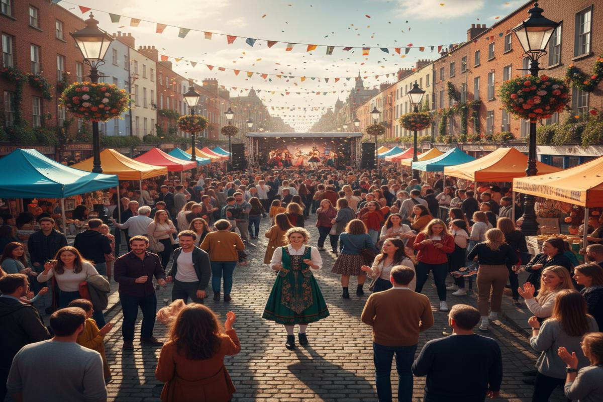 Dublin şehrinde festivalde eğlenen insanlar