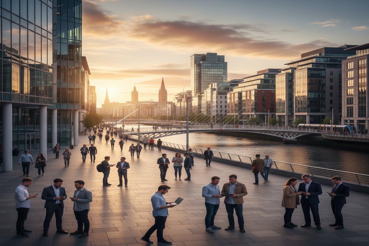 Dublin şehir merkezinde çalışan insanlar