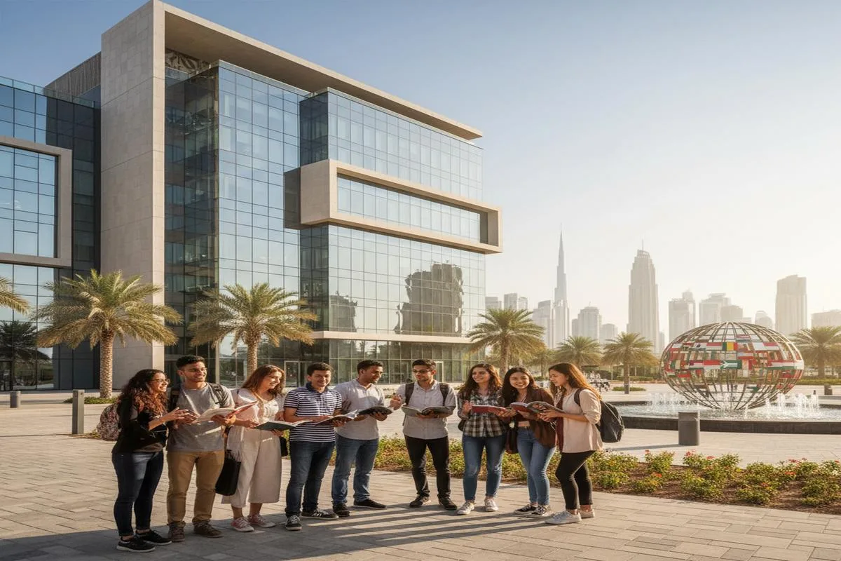 ES Dubai Dil Okulu binası ve uluslararası öğrenciler