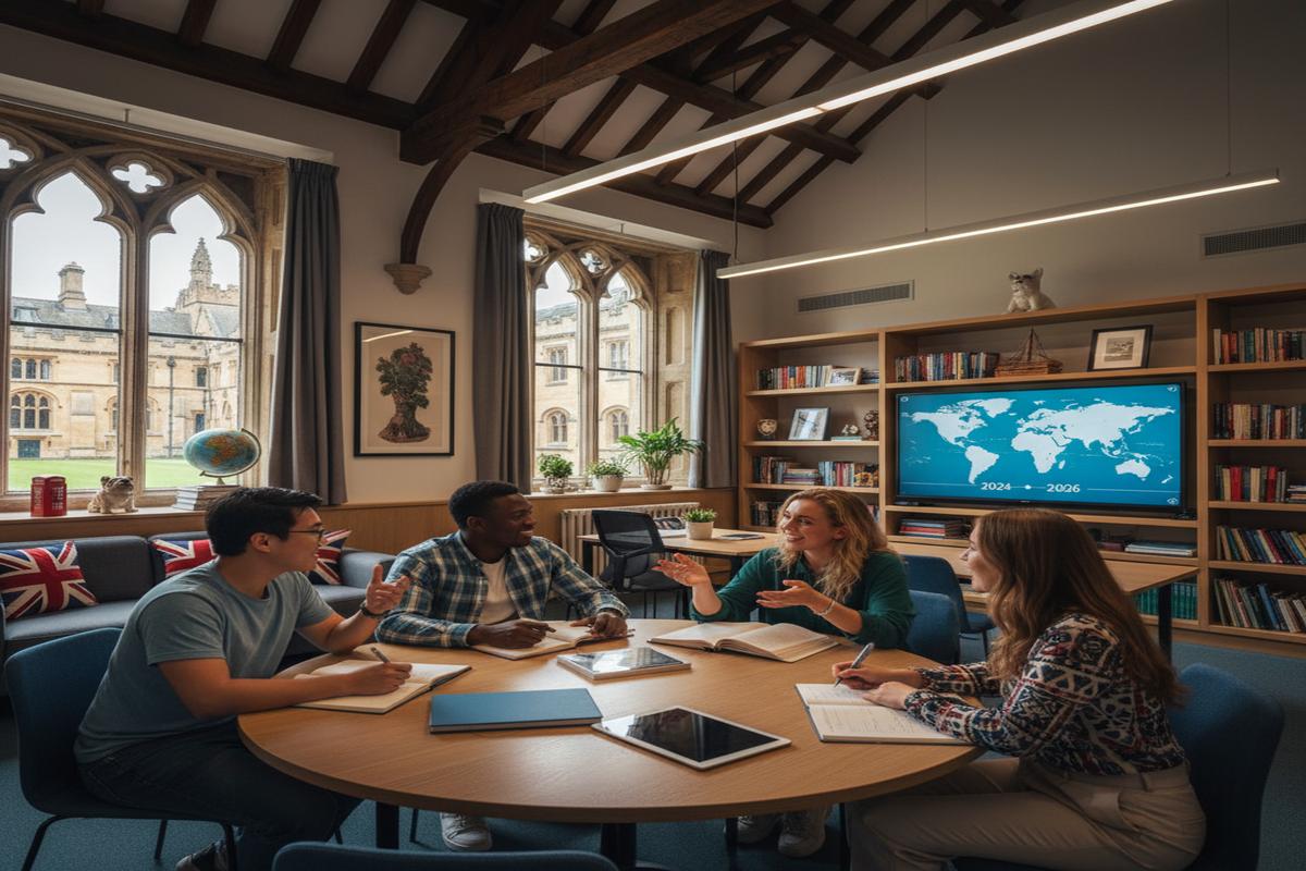 İngilizce eğitimi almak için İngiltere’de bir sınıfta ders yapan öğrenciler