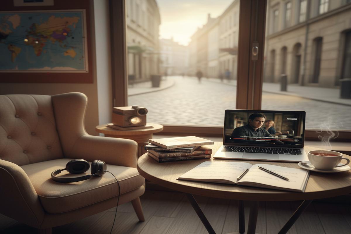 İngilizce geliştirmek için film izleyen öğrenci