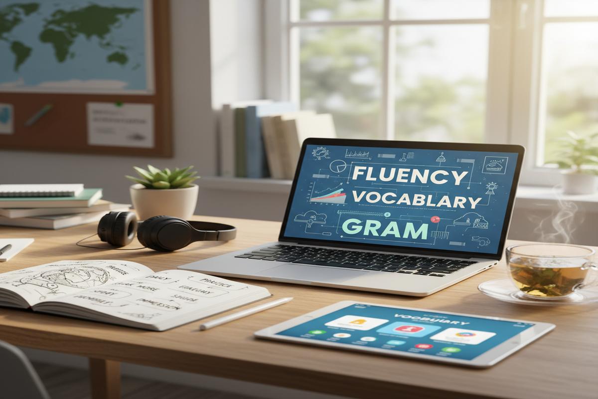 İngilizce öğrenen genç bir kişi ve dijital eğitim materyalleri