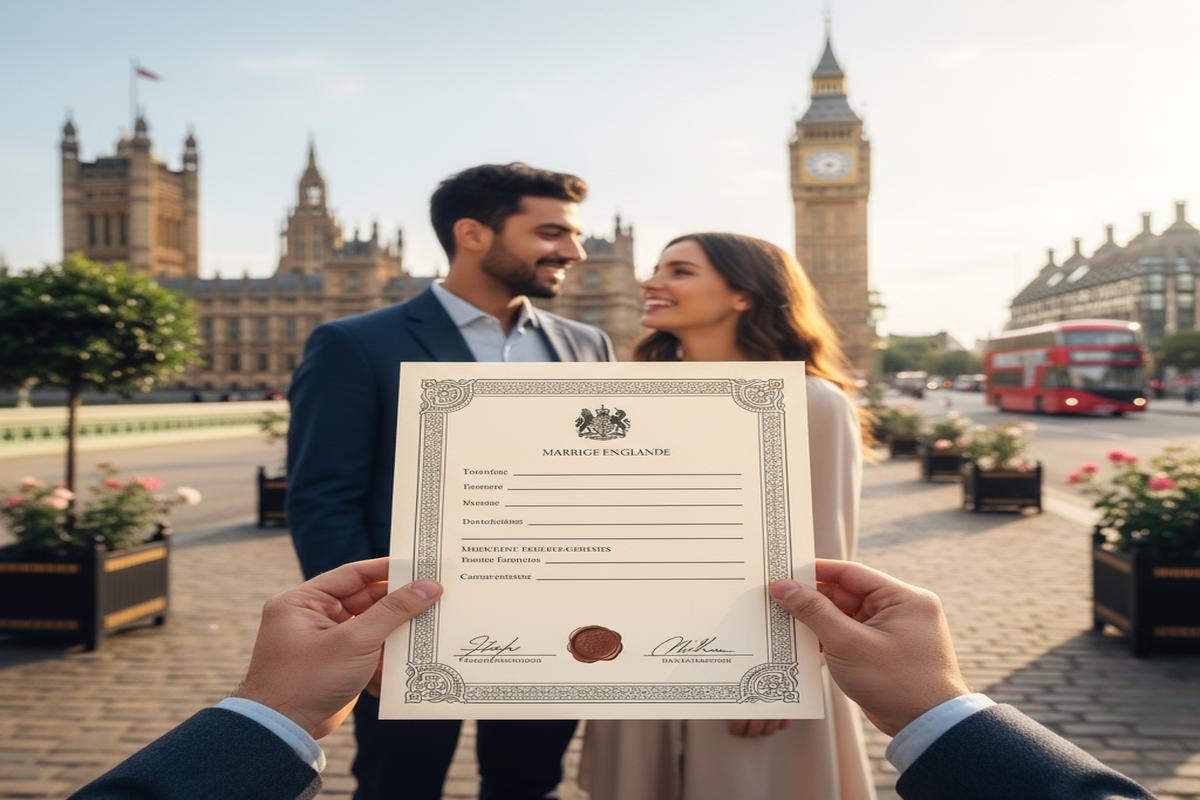 İngiltere'de düğün yapan bir çift ve evlilik ruhsatı