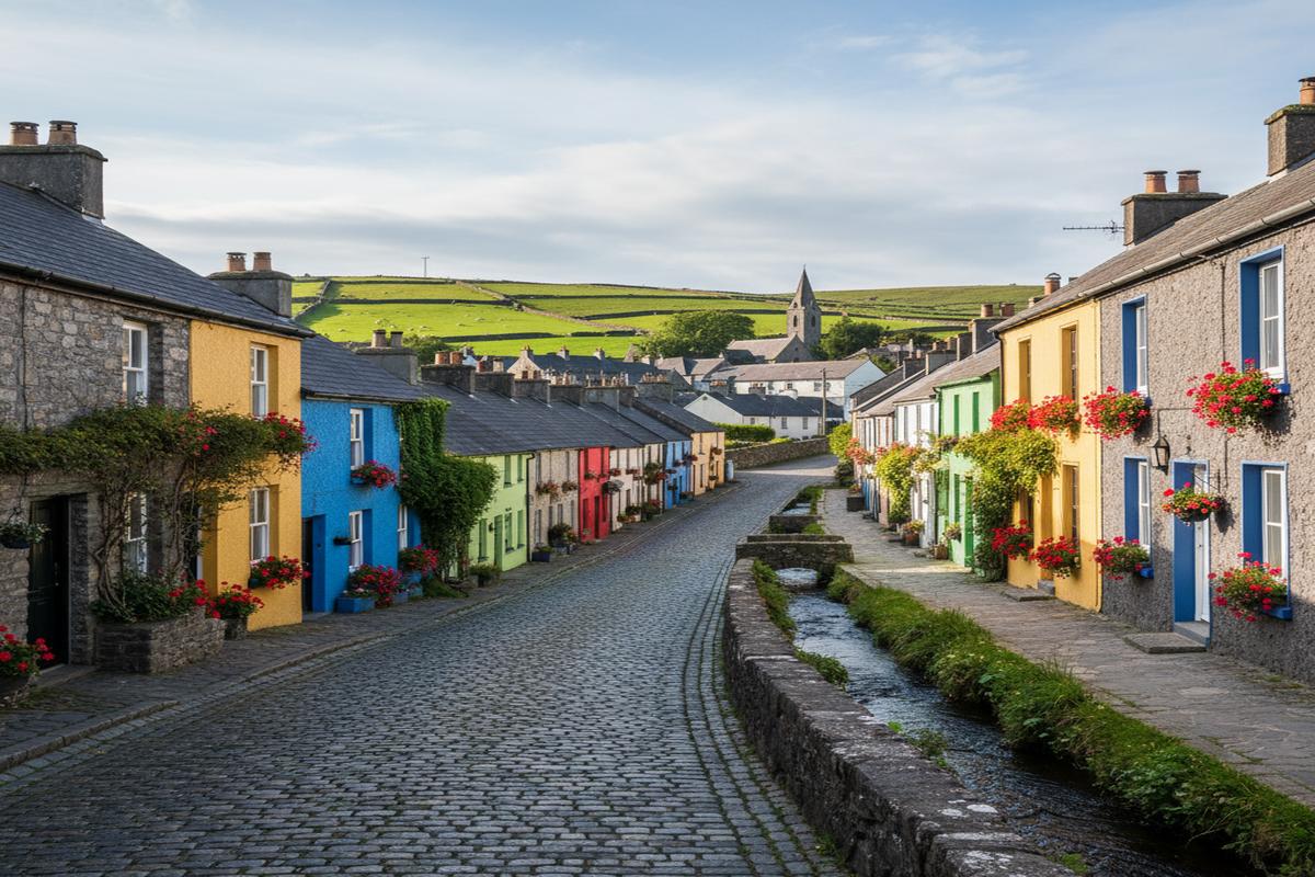 İrlanda'daki bir kasabanın renkli sokakları ve tarihi yapıları