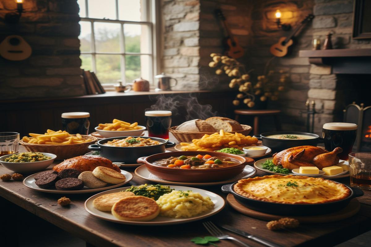 Bir masada servis edilen geleneksel İrlanda yemekleri