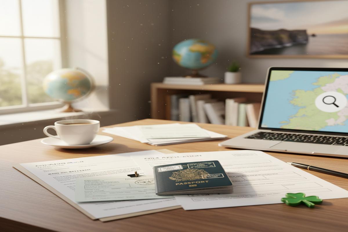 İrlanda vize başvurusu için belgelerini hazırlayan bir kişi