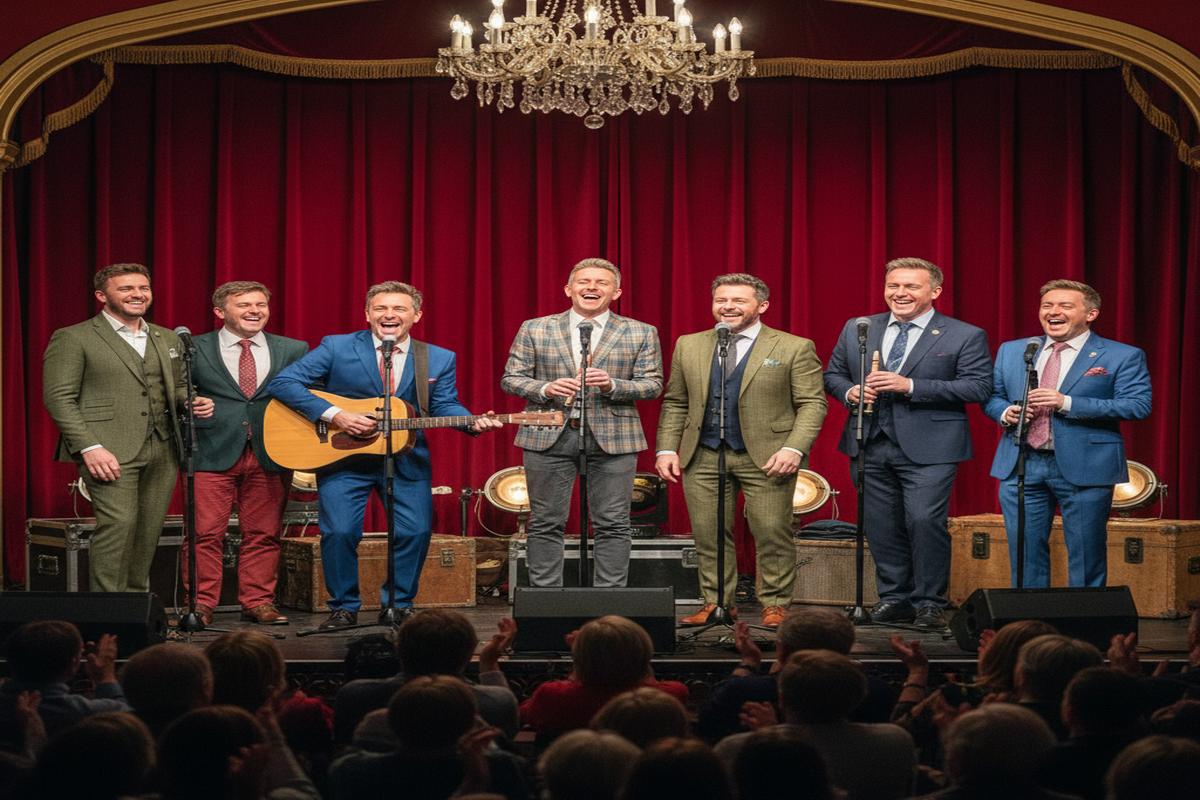 Sahneye çıkan İrlandalı komedyenlerin toplu fotoğrafı