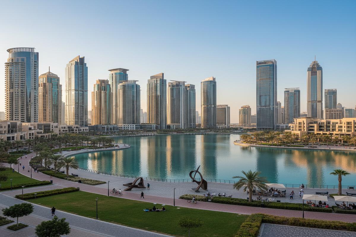 Jumeirah Lakes Towers içerisinde göller ve yüksek binalar