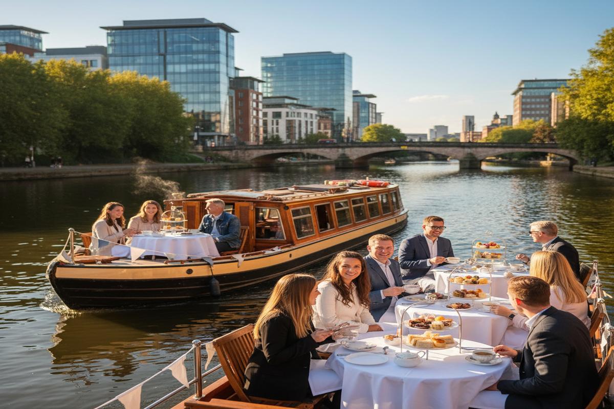 Leeds'te nehir teknesinde ikindi çayı yapan insanlar