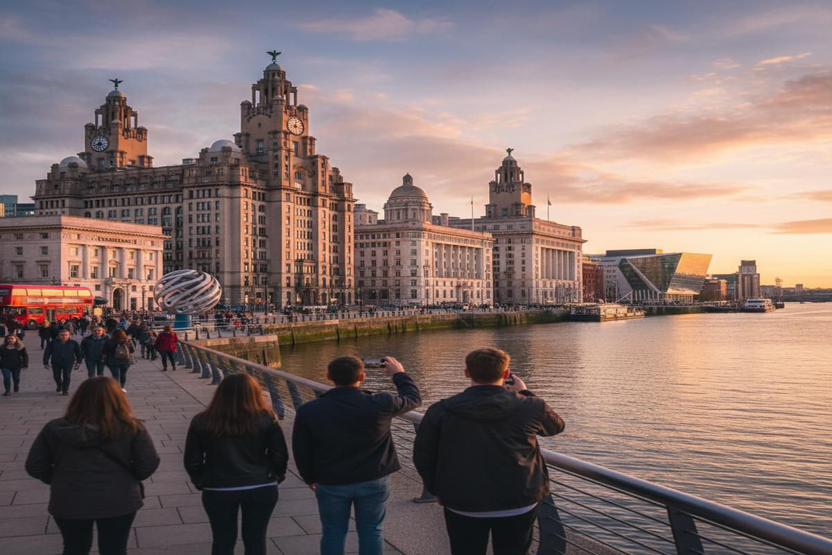 Liverpool şehir manzarası, tarihi liman, müzik ve futbol teması