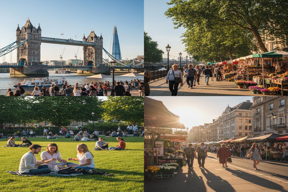 Londra’da güneşli bir günde açık havada vakit geçiren insanlar