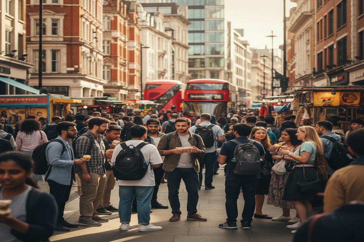 Londra'nın kalabalık bir caddesinde insan kalabalığı