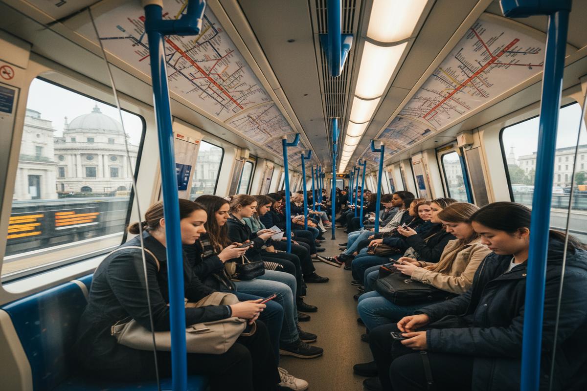 Londra metrosunda yolculuk yapan insanlar ve metro ağı haritası